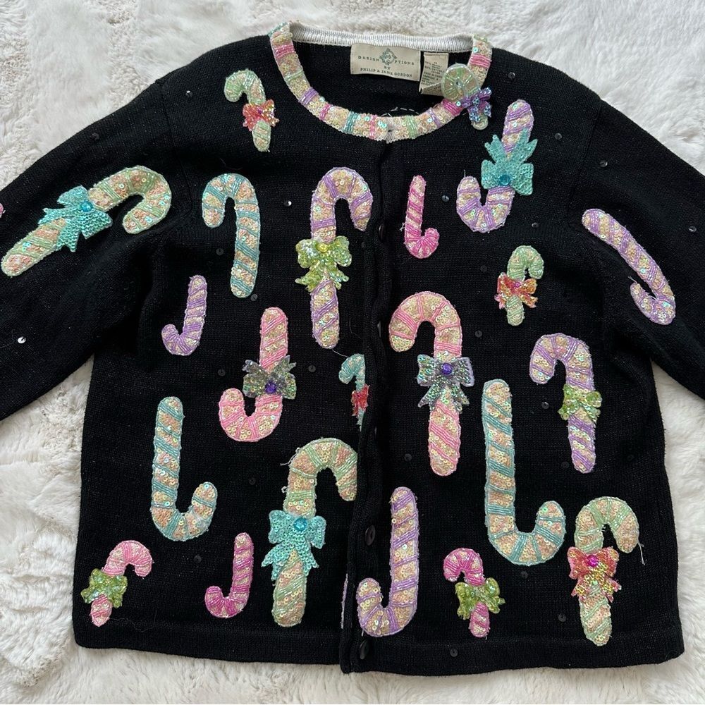 Vintage design ptions grandma black sweater with candy cane sequins